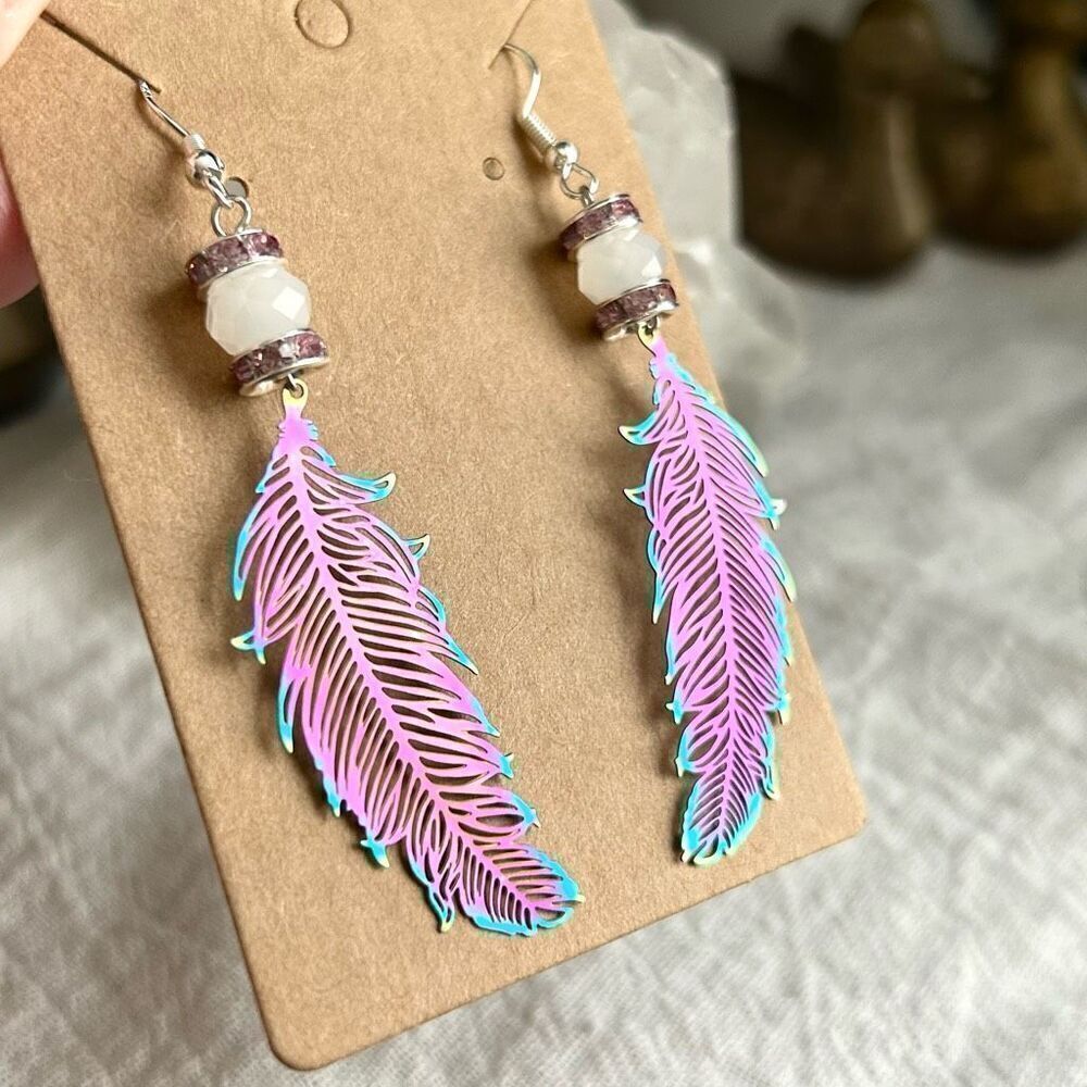 Iridescent Rainbow Feather Dangle Rhinestone Earrings .925 Sterling Silver